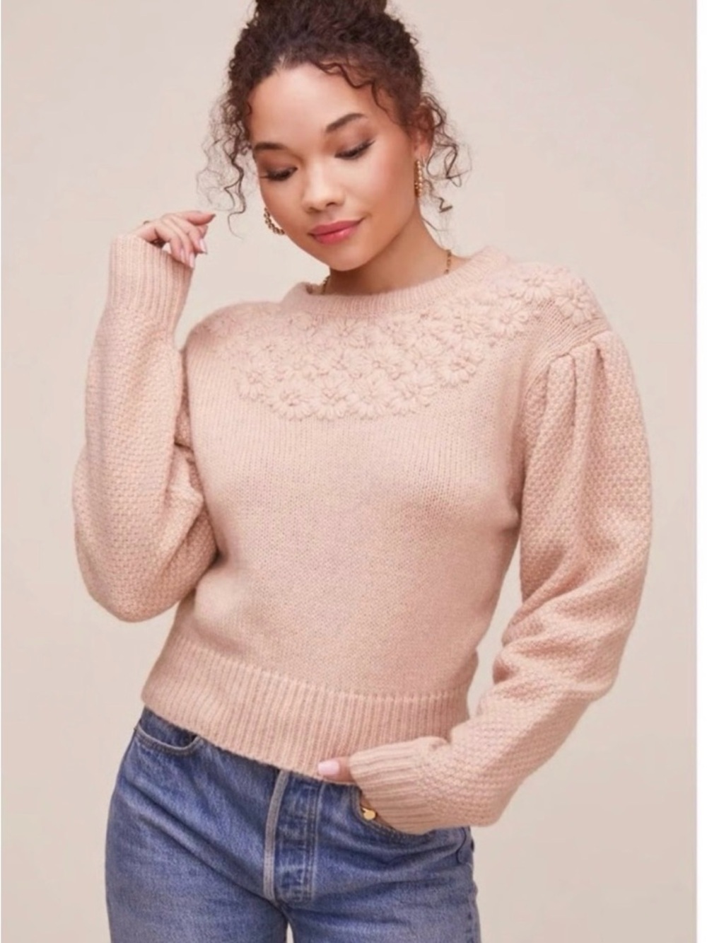 Astr Blush Pink Crewneck Sweater with Floral Detail